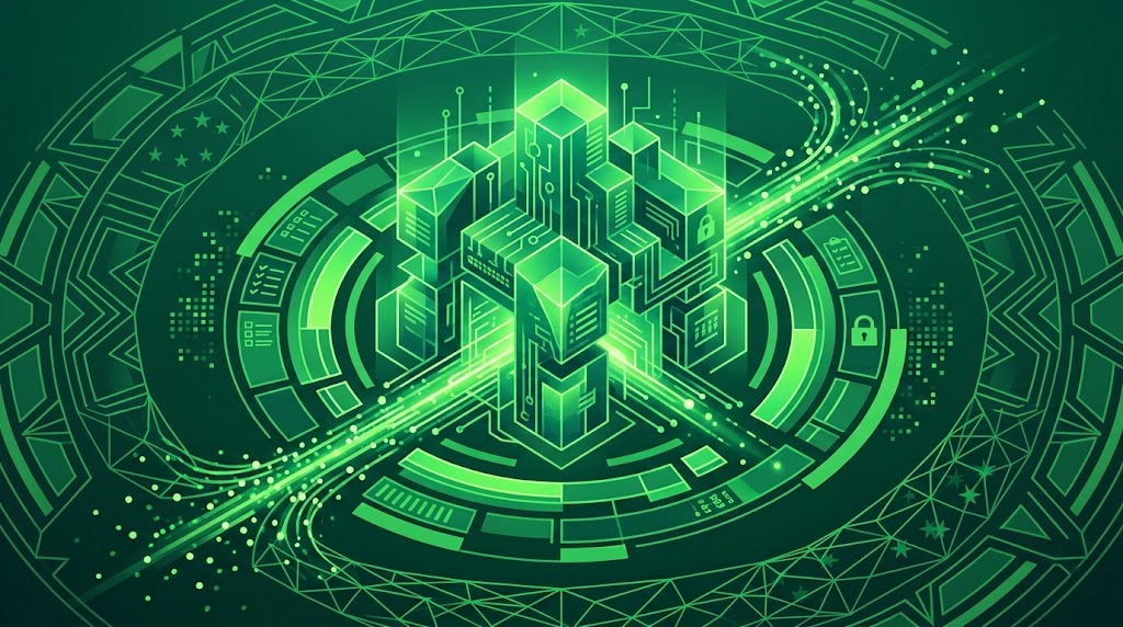 Stylised isometric illustration of a glowing green data centre building surrounded by circular security and network motifs, representing EU-hosted data infrastructure.