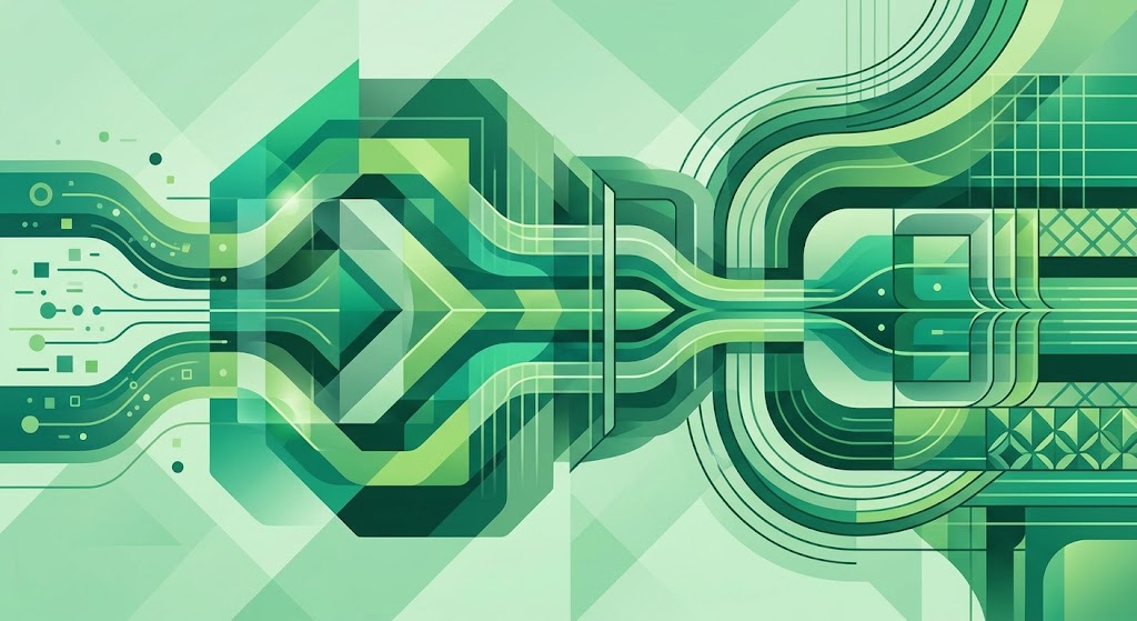 Abstract geometric illustration in shades of green, with flowing circuit-like lines converging through an arrow shape, evoking structured data flow.