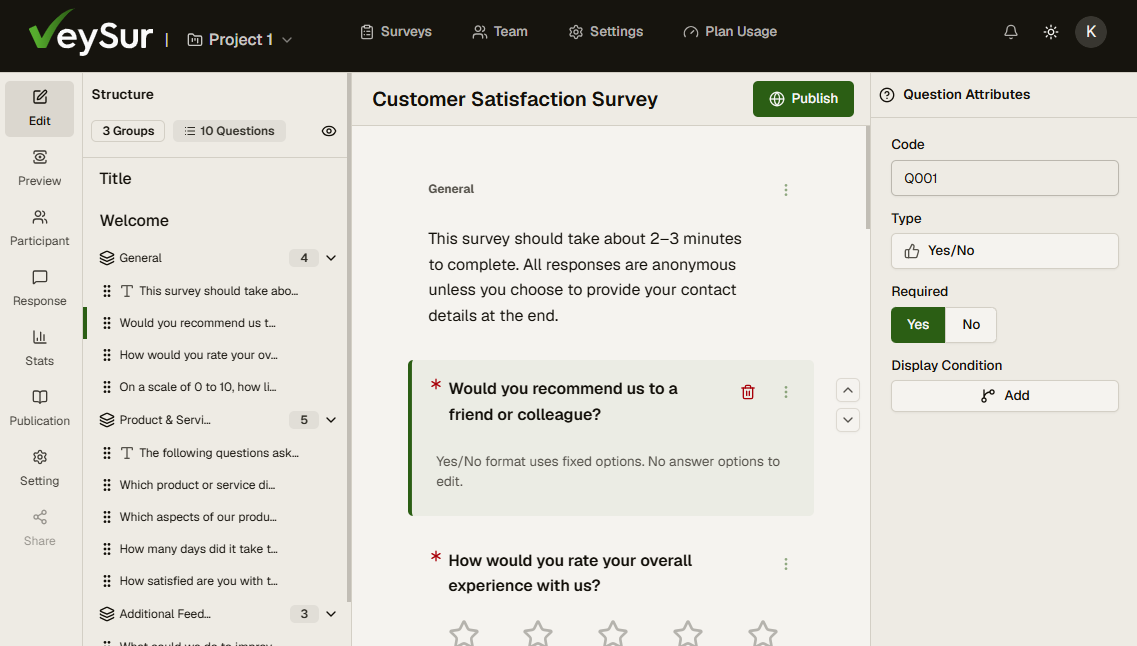 The VeySur survey editor, showing a question and its configurable attributes
