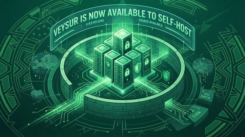 Stylised isometric illustration of a cluster of glowing green servers with padlock and shield icons, enclosed by a circular brick wall, under a banner reading "VeySur is now available to self-host".